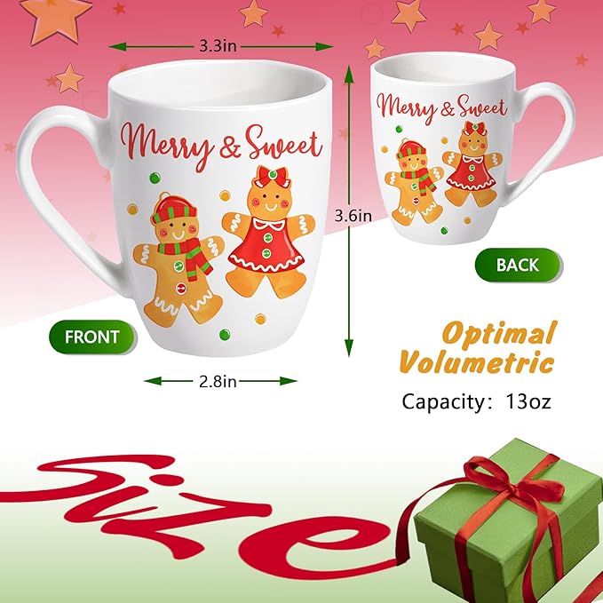 Christmas Gingerbread Man Ceramic Coffee Mug, 13 oz Novelty Xmas Merry and Sweet Tea Cup with Handle, Winter Holiday Gifts for Friends Women Men, Drink Mugs Microwave and Dishwasher Safe