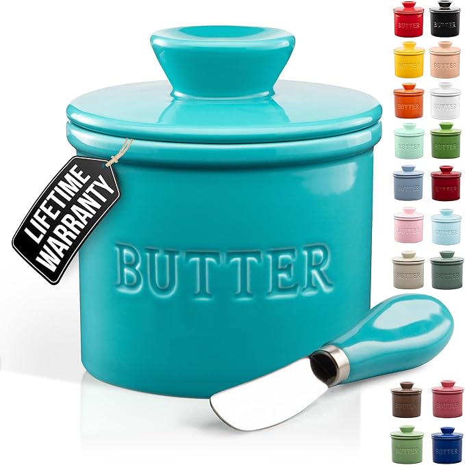 Zulay Kitchen Bell Shaped Butter Crock with Lid for Countertop with Water Line & Spreader Knife, Ceramic French Butter Dish Keeper For Fresh, Soft & Spreadable Butter - Turqoise