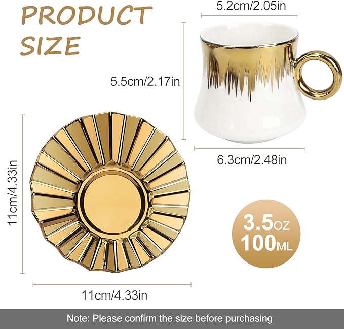 Coffee Cup Set of 6 with Saucers, 3.5 OZ Ceramic Espresso Cups, Deco Gold Trim Coffee Cup Gift for Cappuccino, Latte, Cafe Mocha and Tea, Dishwasher & Microwave Safe (White and Gold)