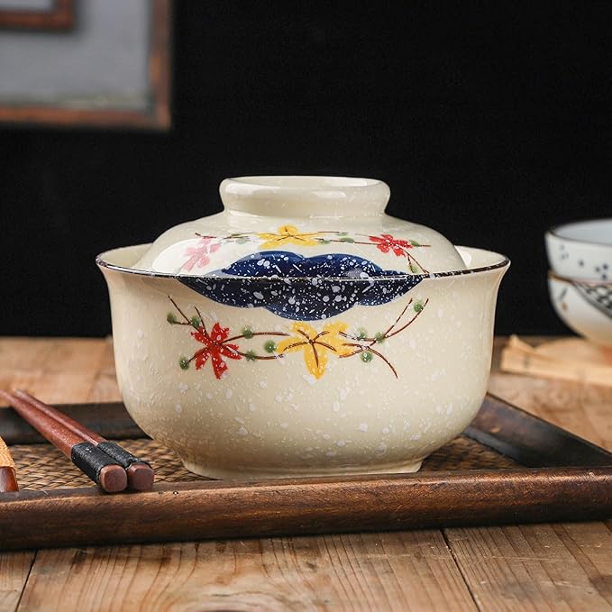 VanEnjoy Microwavable Ramen Bowl with Lid, 25 Oz Japanese Bowl Big Ceramic Japanese Soup Bowl with Lid, Korean Clay Pot - floral