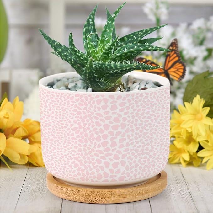 Pink Leopard Print Ceramic Planter African Animal Stripe Planters for Indoor Plants with Drainage Holes and Saucers Pot for Home Desktop Office Windowsill