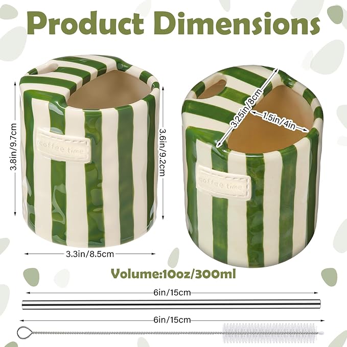 1 Pack Ceramic Coffee Mug with Sip Hole Espresso Cup 10oz with Straws Retro Hand Painted Striped Porcelain Coffee Tea Cup Cappuccino Latte Mug for Kitchen Dining Travel (Green)