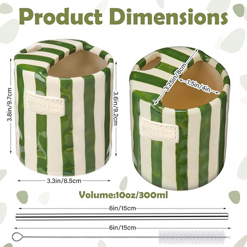 1 Pack Ceramic Coffee Mug with Sip Hole Espresso Cup 10oz with Straws Retro Hand Painted Striped Porcelain Coffee Tea Cup Cappuccino Latte Mug for Kitchen Dining Travel (Green)