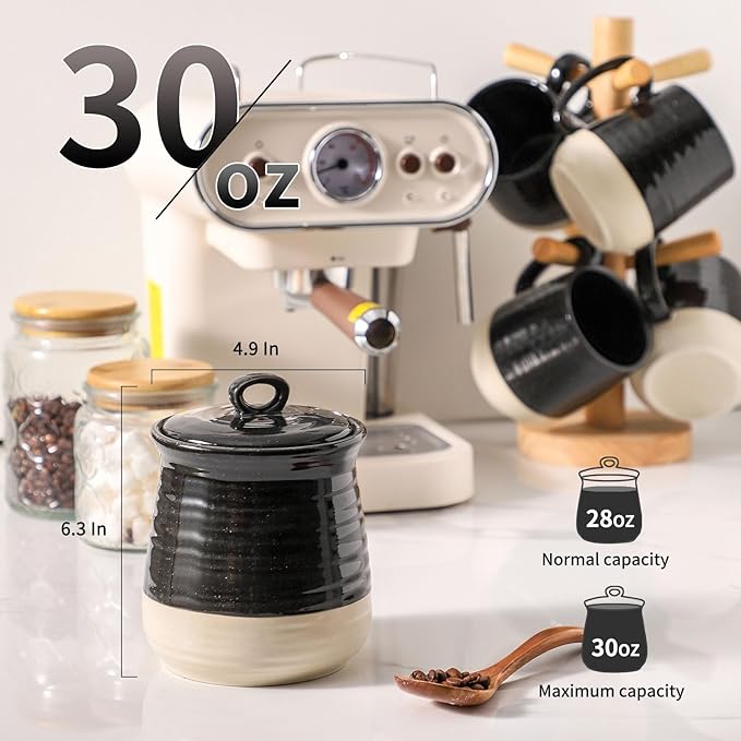 HASENSE Ceramic Food Storage Jar with Airtight Lid, Coffee Cookie Containers for Kitchen Counter, 30 FL OZ Kitchen Canisters for Coffee Beans, Tea, Sugar, Candy, Black Kitchen Decor