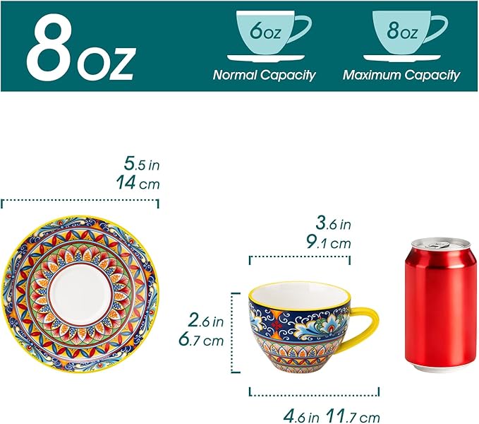 vancasso 8 oz Cappuccino Cups with Saucers Set of 6, Bohemian Ceramic Coffee Cup for Latte, Tea, Espresso, Microwave & Dishwasher Safe - Porcelain Latte Mugs for Kitchen or Cafe