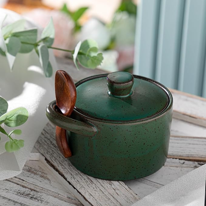 Honeydak Speckled Ceramic Salt Cellar with Lid and Wooden Spoon, Rustic Farmhouse Salt Pepper Cellar Holder for Valentines Day,Housewarming Gift, Heavyweight Spices Jar(Green,1 Set)