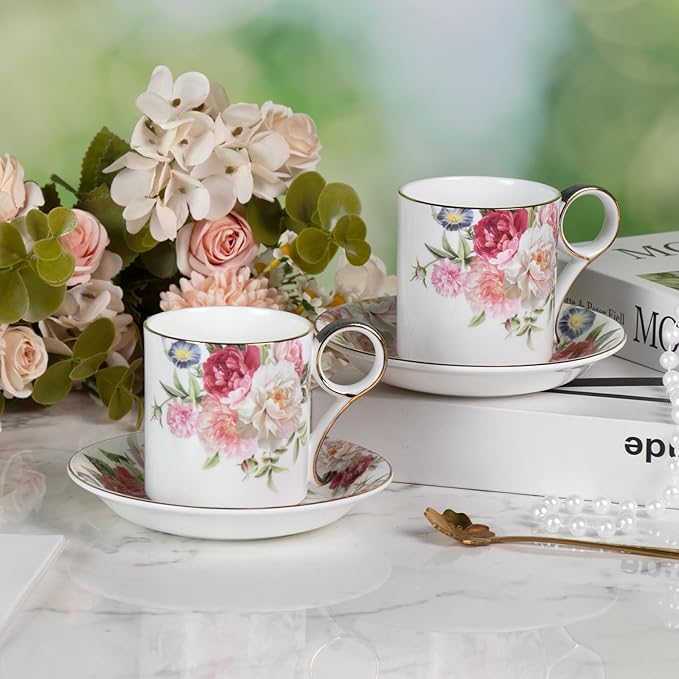 KAMMAK Tea Cups and Saucers Set of 2, Fine Bone China Coffee Cups, Stackable Espresso Mugs, Ceramic Demitasse for Coffee, Cappuccino, Latte, Americano, Tea, Gray