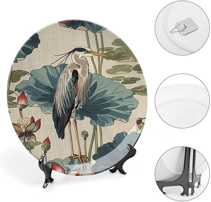 Birds And Lotus Flowers Vintage Plates of 6", 7", 9", 10", Personalized Wall Art Hanging Plate, Art Decoration Farmhouse Decorations Office, with Vertical Stand