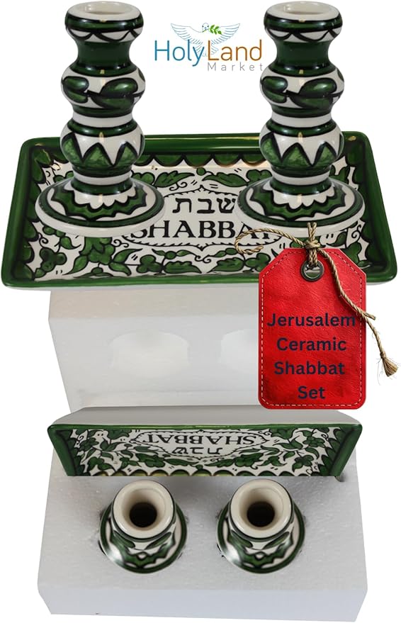 Holy Land Market Shabbat Candlestick Set - Colorful Ceramic Candlesticks with Matching Plate for Shabbat and Holidays (Green)