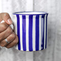 City to Cottage Handmade Dark Navy Blue Stripe Ceramic Extra Large 17.5oz/500ml | Hot Chocolate, Coffee, Tea Mug, Cup with Handle Unique Designer Pottery for Tea Lovers