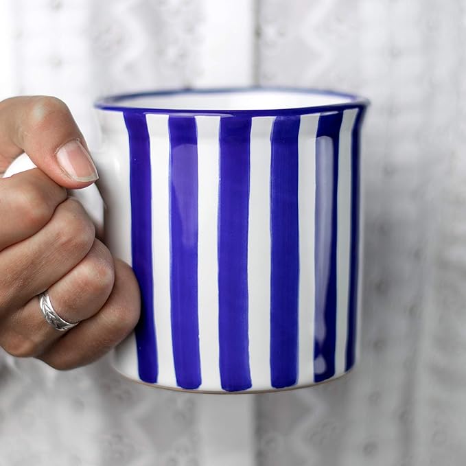 City to Cottage Handmade Dark Navy Blue Stripe Ceramic Extra Large 17.5oz/500ml | Hot Chocolate, Coffee, Tea Mug, Cup with Handle Unique Designer Pottery for Tea Lovers