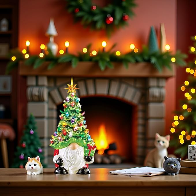 Lighted Ceramic Gnome Christmas Tree, 8 Inch Glowing Tabletop Decor for Home Holiday Christmas Decorations