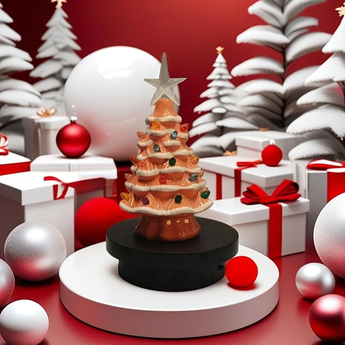 Small Resin Christmas Tree Decor, Tabletop Christmas Tree Star Topper, Holiday Decoration with 40 Multi-Color Lights, Xmas Fall Decorations for Home (Pink-White)