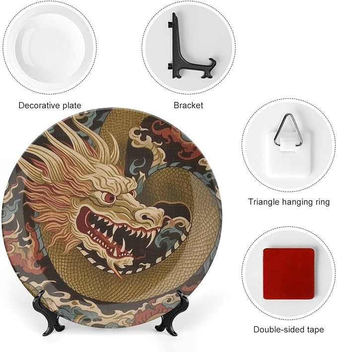 Dragon Gold Oriental Style Asian China Plates of 6", 7", 9", 10", Personalized Ceramic Craft for Decorative Ornaments, Table Home Decorations Wedding, with Display Stand And Hook Up