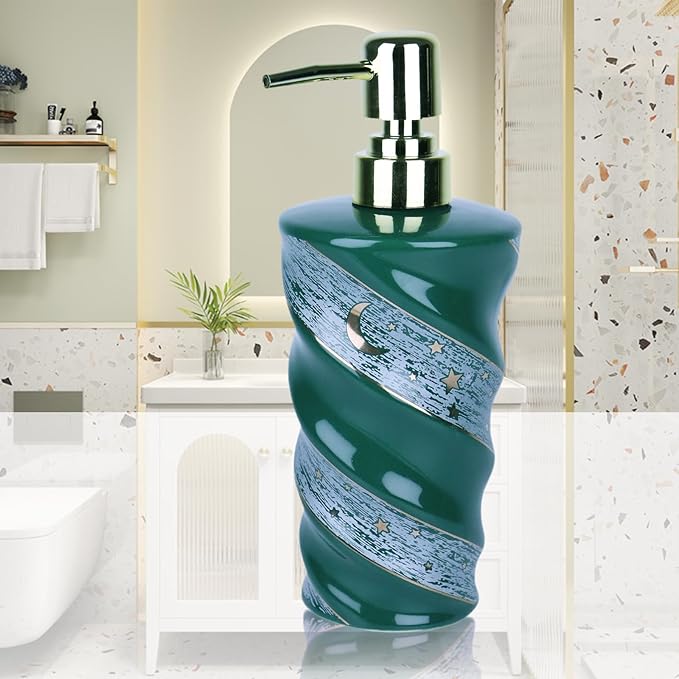 Bathroom Soap Dispenser, Large Capacity Ceramic Dispenser with Spiral Galaxy Design - Refillable Press Pump Bottle for Bathroom & Kitchen (14oz, Green)