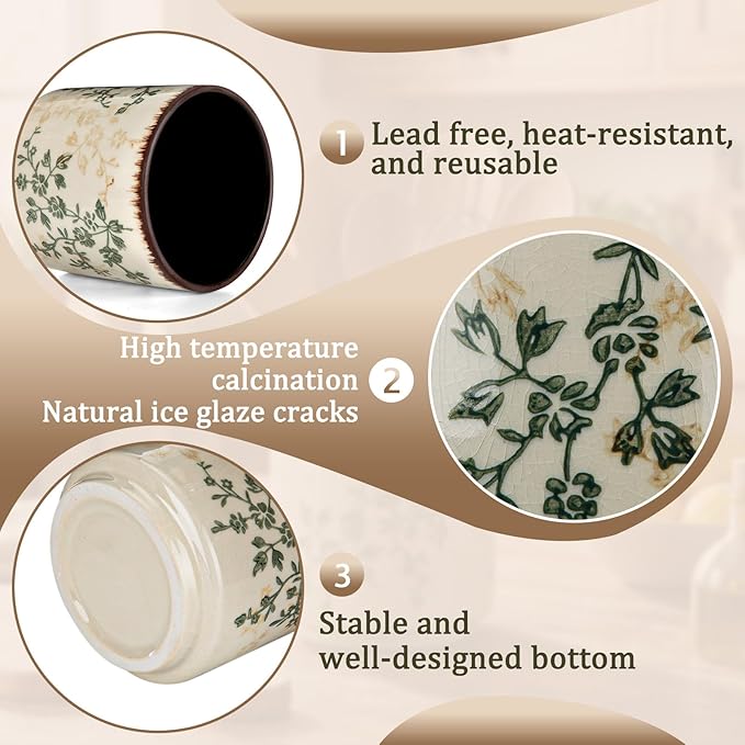 Kitchen Ceramic Utensil Holder Rustic 5.5" Green Floral Utensil Crock for Countertop Tuscany Cooking Tools Storage Caddy for Spatula Spoon Farmhouse Decor Housewarming Gift
