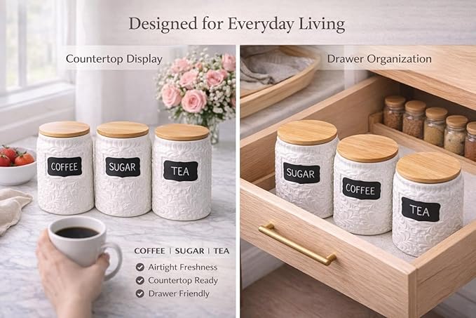 Canisters Set of 2 – White Ceramic Flour and Sugar Containers (94oz & 52oz) with Airtight Bamboo Lids, Decorative Kitchen Counter Storage Jars for Coffee & Pantry