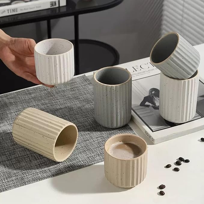 Nordic Ceramic Mug, Japanese Tea Cup 10oz Striped Cup No Handle Drinking Cup for Latte Milk Water Beverage Juice Microwave and Dishwasher Safe (Nordic Khaki)