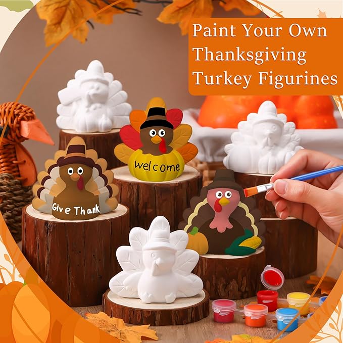Eersida 6 Sets Gnome Ceramics to Paint Pumpkin Ready to Paint Your Own Ceramic Gnome Statues DIY Unpainted Ceramics Paintable Figurines Kit Crafts with Brush Palette(Thanksgiving Turkey)