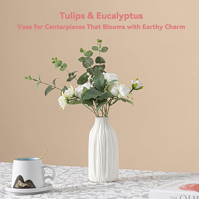 White Ceramic Vase for Home Decor – Minimalist Decorative Vase for Living Room & Office,7.2" Vase for Pampas Grass & Centerpieces, Modern Unique Flower Vase Gift for Friends or Yourself