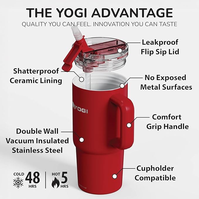 YOGI Ceramic Lined Metal Allergy Safe 24oz Tumbler with Handle and Straw Leakproof Flip & Sip Lid Vacuum Insulated Stainless Steel Travel Cup for Iced Coffee Water and All-Day Hydration 24oz Crimson
