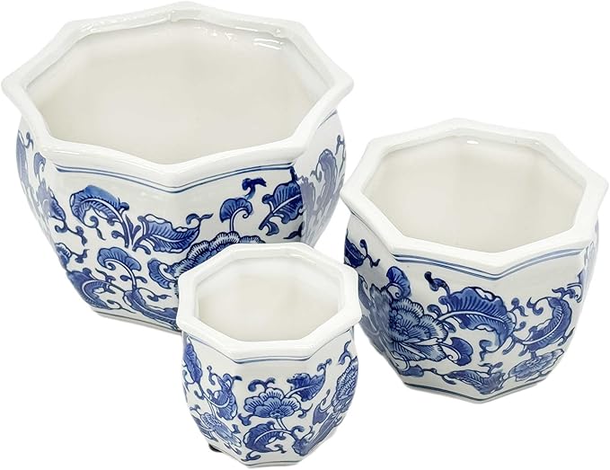 Galt International Blue & White Floral Porcelain Ceramic Decorative Flower Pot 8"/6"/4.5" Garden Pots Chinese Asian Design - Set of 3 Round Bulb Fluted
