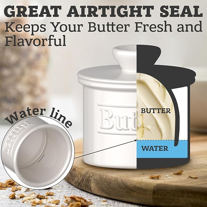 Premium Butter Crock with Lid - Original Design French Butter Dish - Beautiful Ceramic Butter Keeper for Counter with Water Line - Perfect to Keep Butter Soft and Spreadable - White