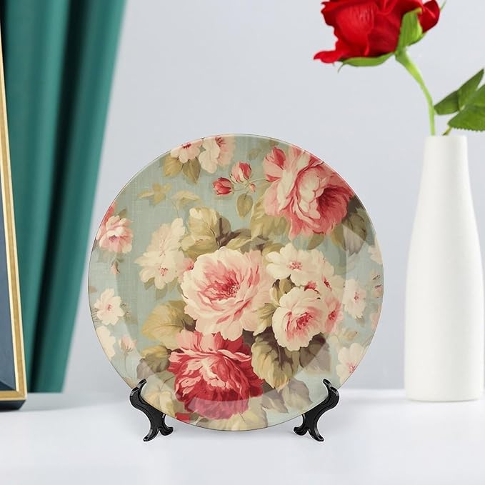 Ceramic Decorative Plate Pink Cabbage Roses Romantic Aqua Personalized Decor for Office Wall Art Decoration Ceramic Hanging Decorative Plate Including Bracket And Special Hook, Gifts