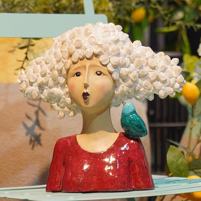 DiliComing Garden-Statues Bust-Head Sculptures for Home Decor - 11 Inch Women with Bird Modern Art Statue for Home and Garden, Various Festivals for Women 10.5 x5.5 x 11 Inch (Red)