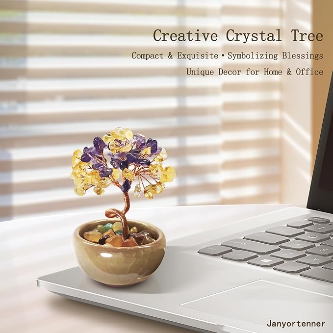 Amethyst Citrine Crystal Tree,Dual Color Art Decor with Copper Wire Sculpture in Crackle Base,Imagination Gift