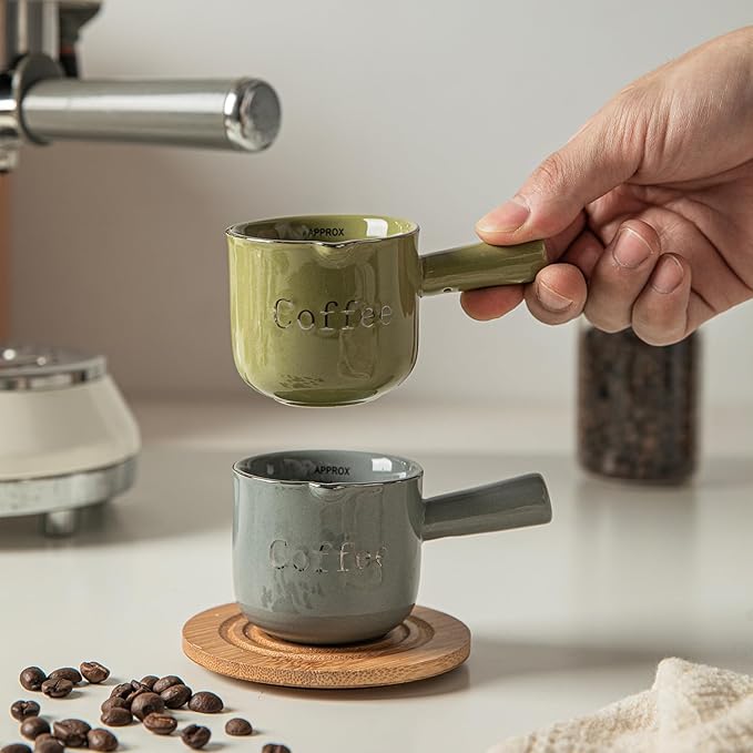 Green Ceramic Espresso Cups Set of 2, 3oz Porcelain Demitasse Mugs with Handle, Modern Style Coffee Cups, Dishwasher Safe, Compatible with Espresso Machine
