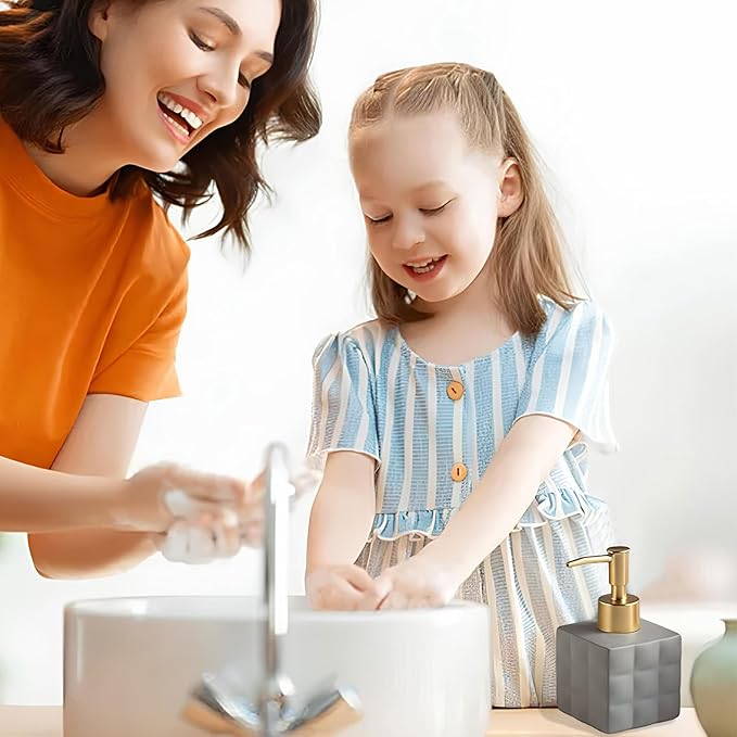 Hand Soap Dispenser Dish Cube Soap Dispenser Countertop 7.44 FL OZ. /220 ML Hand Lotion Pump Bottle Ceramic Lotion Container Liquid Hand Soap Jar Shower Dispenser Kitchen Bathroom Décor (Gray)
