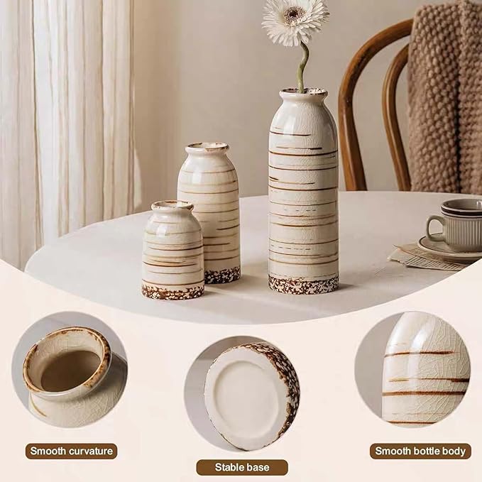 Rustic Ceramic Vase Set of 3 - Beige Rustic Vases for Flowers,Farmhouse Flower Vases for Home Decor,Small Decorative Vase Set for Living Room,Table Shelf,Centerpieces and Fireplace Decorations