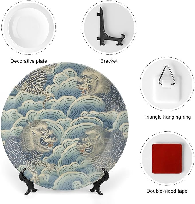 Blue Tibet Tiger Plates Ceramic of 6", 7", 9", 10", Customize Dinner Plates, Home Household Decorations Housewarming Gifts, 1 Plate with 1 Display Stand