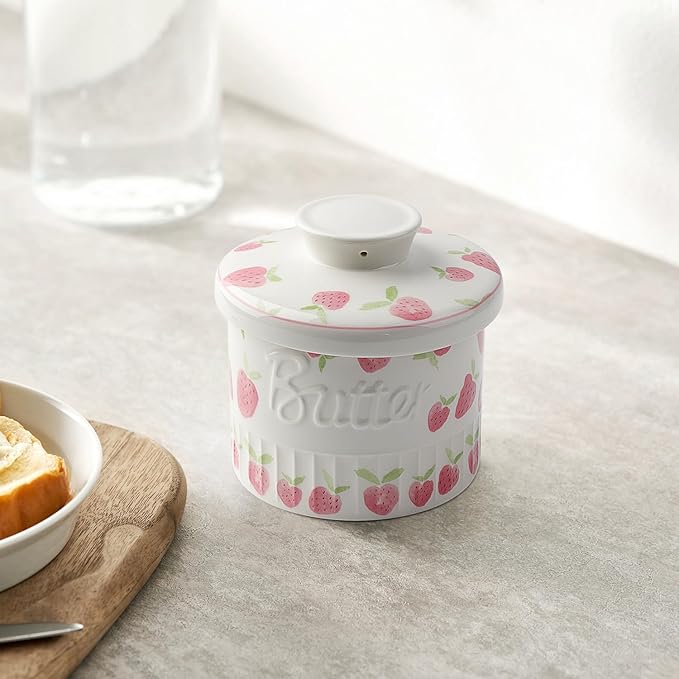 Toptier Butter Crock for Counter With Water Line, On Demand Spreadable Butter, Ceramic Butter Keeper to Leave On Counter, French Butter Dish with Lid (Strawberry)