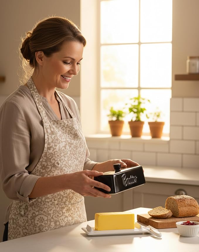 TEATALK Ceramic Butter Dish with Lid and Knife - Large Butter Holder, Farmhouse Style, 8-Inch Porcelain Butter Keeper with Scraper Edge, Black & White
