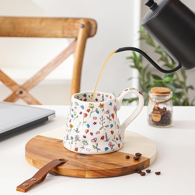 Mkour 16oz Large Ceramic Coffee Mugs, Handmade Big Tea Cups, Floral Design, Wide Bottom with Large Handle for Office and Home, Microwave and Dishwasher Safe (White)