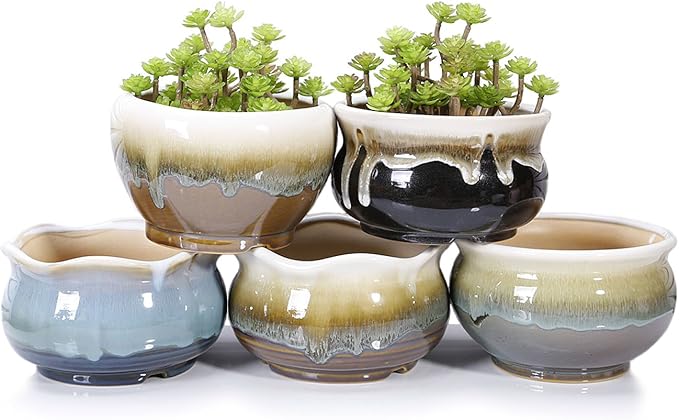 VanEnjoy Large Ceramic Succulent Pot, Multicolor Colorful Flowing Glazed, Indoor Home Décor Cactus Flower Bonsai Pot Planter Container, Candle Holder Ring Bowl (Brown C)