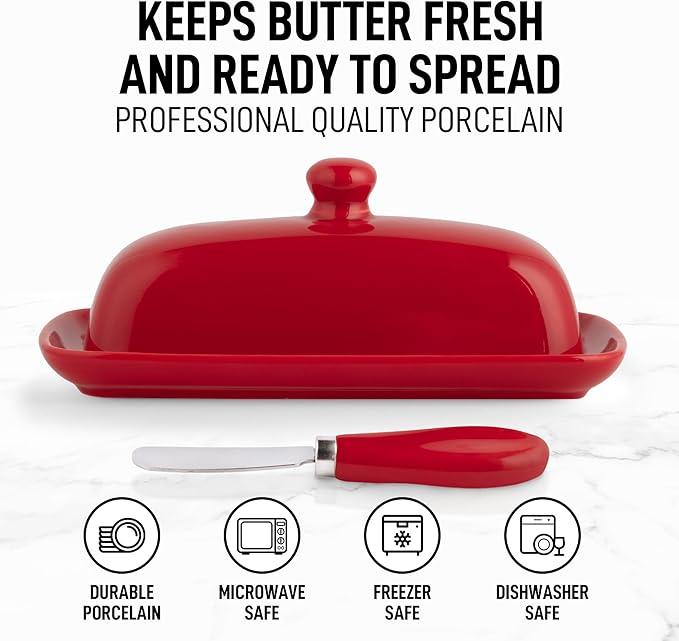 Zulay Kitchen Butter Dish With Lid For Countertop - Porcelain Red, Ceramic Butter Dish with Knob Handle Great for Cooking - Elegant Design Butter Holder - Durable & Sturdy Butter Keeper - Red