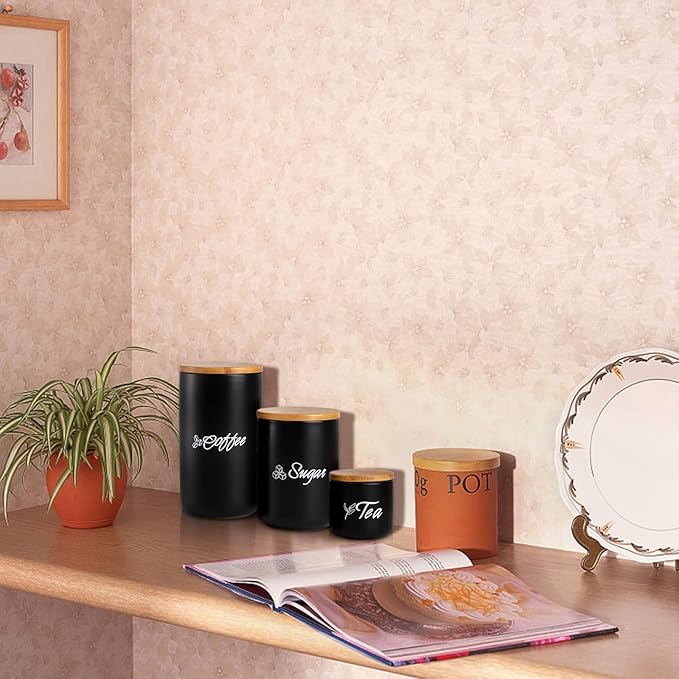 TOPZEA Black Ceramic Canister Set of 3, Coffee Sugar Tea Cylinder Containers Set with Bamboo Airtight Lid, Pantry Organization Kitchen Canisters Food Storage Jars for Countertop, Coffee Station