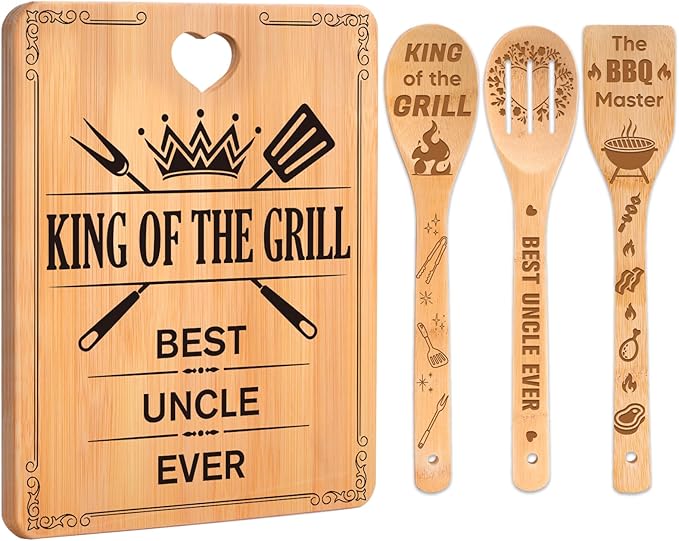 Best Uncle Gifts - "King of The Grill, Best Uncle Ever" Uncle Birthday Gifts Cutting Board Set, Bamboo-Made Engraved Utensil Set, Gifts for Uncle