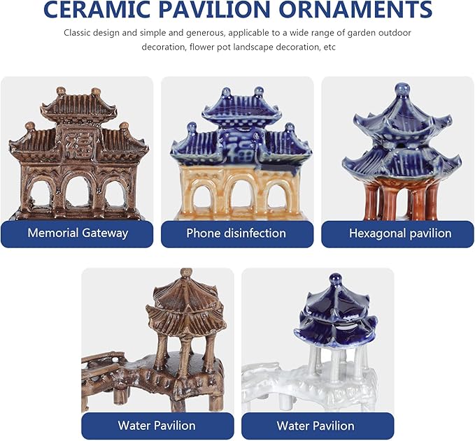 Yardwe Ceramic Pavilion Ornaments 5Pcs Miniature Garden Sculptures for Patio Lawn Bonsai Decorations Outdoor Micro Landscaping Accessories