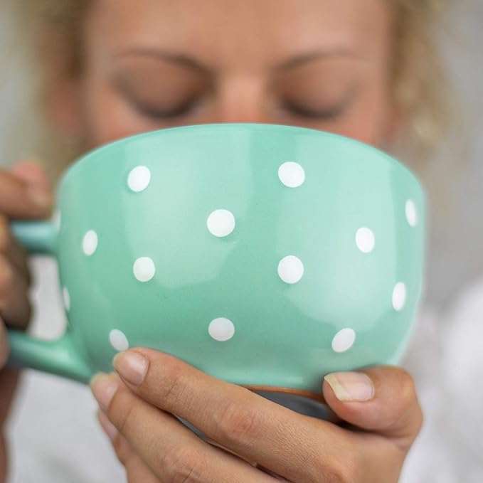 City to Cottage Handmade Ceramic Designer Teal Blue and White Polka Dot Cup, Unique Extra Large 17.5oz/500ml Pottery Cappuccino, Coffee, Tea, Soup Mug | Housewarming Gift for Tea Lovers
