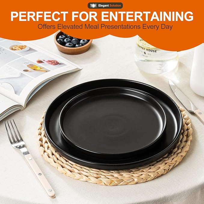 EWFEN Plates and Bowls Sets, 24 Pieces Ceramic Dinnerware Set for 8, Stoneware Dishware Dishes Set, Scratch Resistant Dishes Set, Dishwasher & Microwave Safe, Black