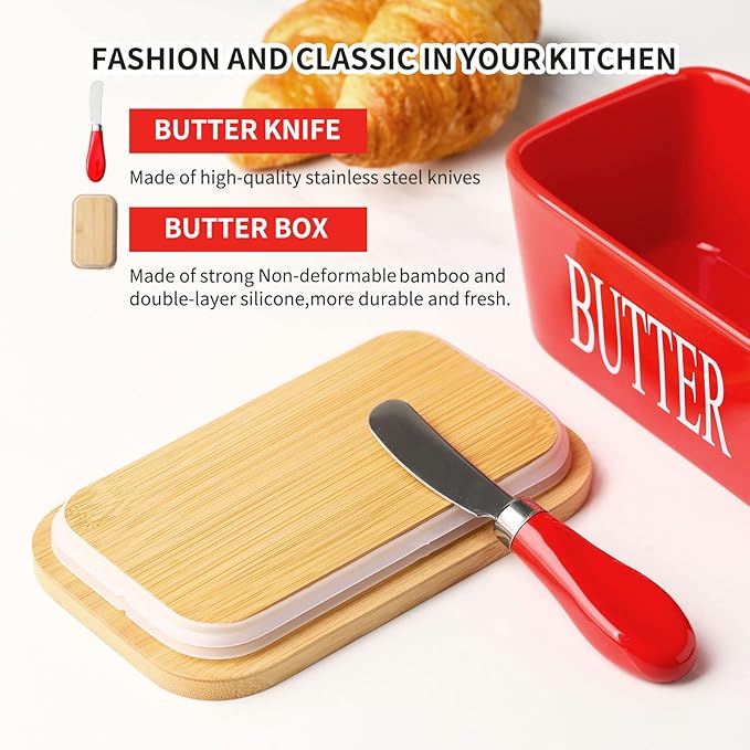 Hasense Butter Dish with Lid and Knife For Countertop, Large Butter Keeper Container with Stainless Steel Knife Spreader for Counter, Airtight Butter Holder with Cover for Kitchen, Christmas gift, Red