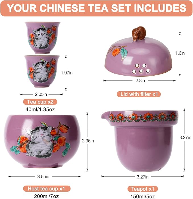 Mini Tea Cups,Cute Lucky Cat Cups,Small Tea Mugs,Porcelain Gongfu Tea set with 3 in 1,Tea Sets for Adults,Ceramic Tea Infuser Cup for Loose Leaf for Women/Tea Lovers/Birthday/Easter's Day (Purple)