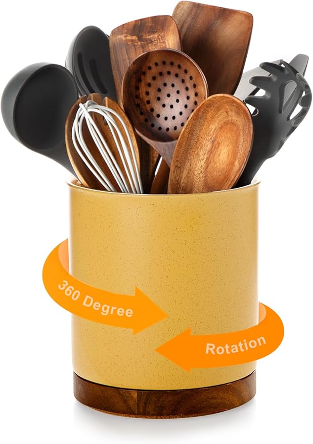 Nucookery 360°Rotating Utensil Holder, 7.2" Kitchen Utensil Crock, Ceramic Cooking Utensil Organizer with Countertop-Protection Cork Bottom for Farmhouse Kitchen Decor Christmas (Yellow Sand)