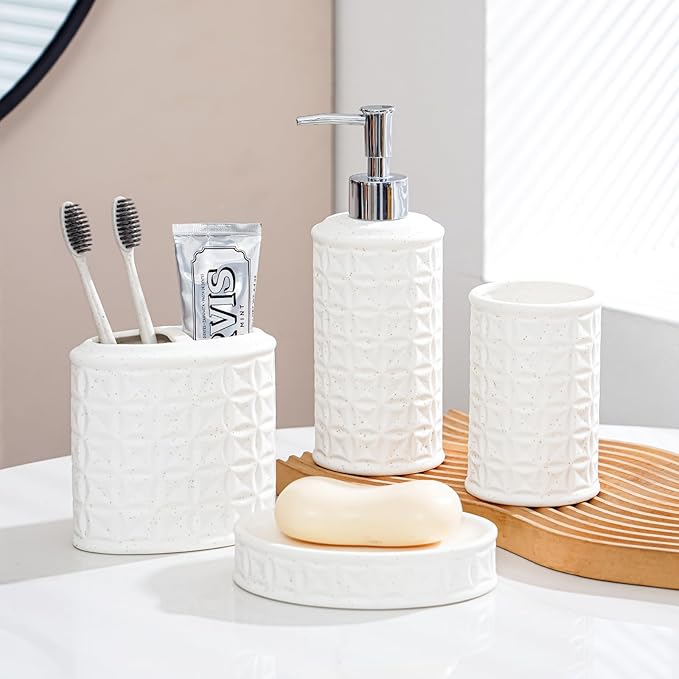 4-Piece Bathroom Accessory Set - White Bathroom Decor for Counter Organization with Soap Dispenser, Toothbrush Holder, Tumbler & Soap Dish, Bathroom Counter Set (Ceramic - Sliver Pump)