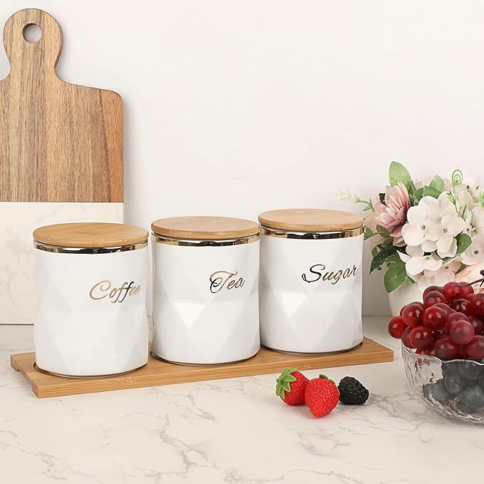 JUXYES Set of 3 Ceramic Canisters Set for Sugar Coffee Tea, Luxurious Storage Containers Set with Lids Decorative Storage Pots White Ceramic Storage Jar for Kitchen Counter Dining Room