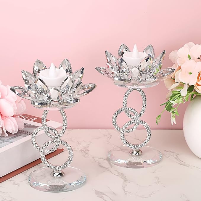 OwnMy Set of 2 Crystal Lotus Flower Candlestick Holders Metal Glass Lotus Pillar Candle Holders, Silver Crystal Lotus Votive Candlesticks Tealight Candle Stands for Wedding Table Centerpiece, 6.1" H